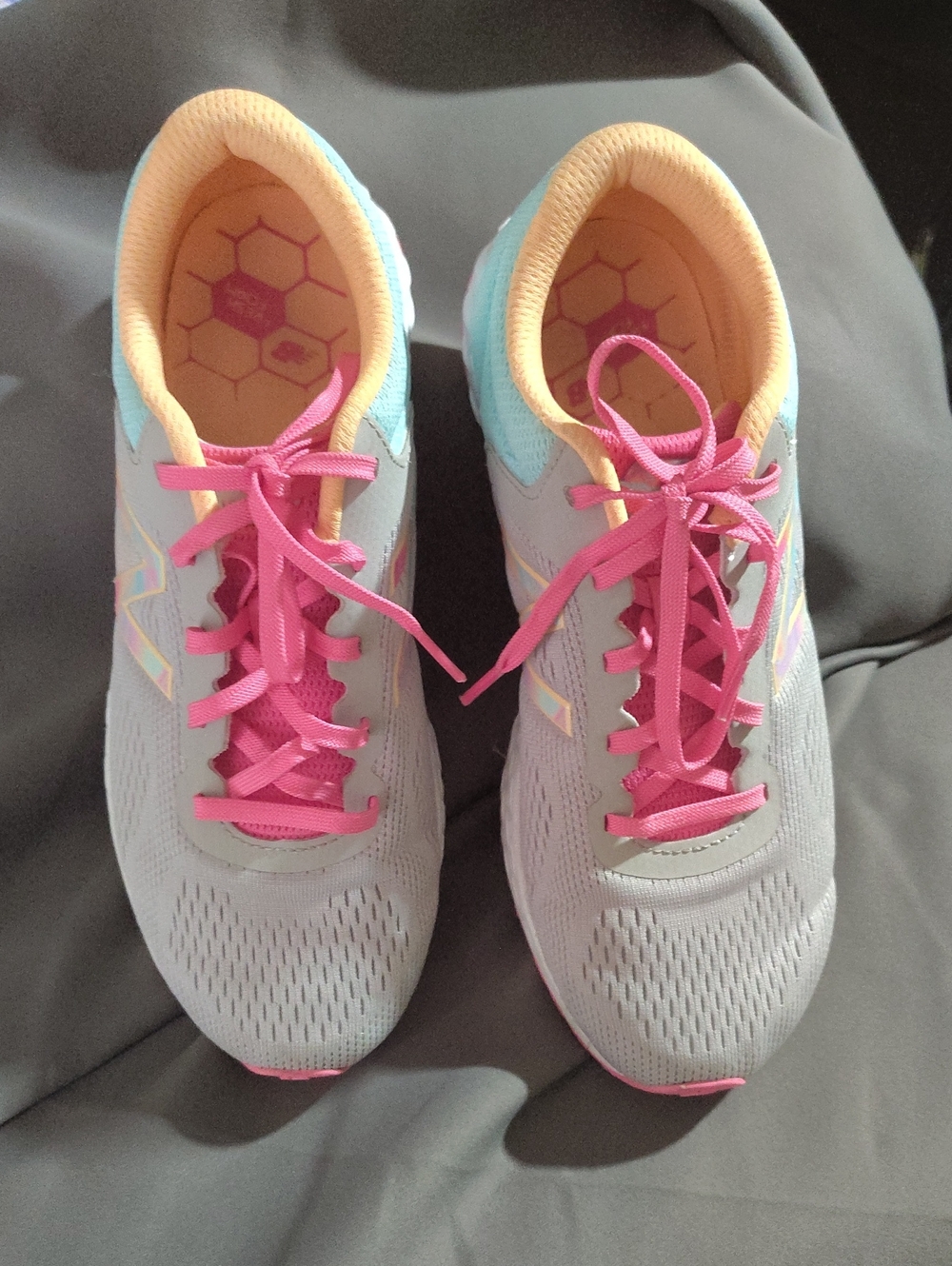 New Balance Women’s Gray Athletic Sneakers with Pink Laces and Peach Collar